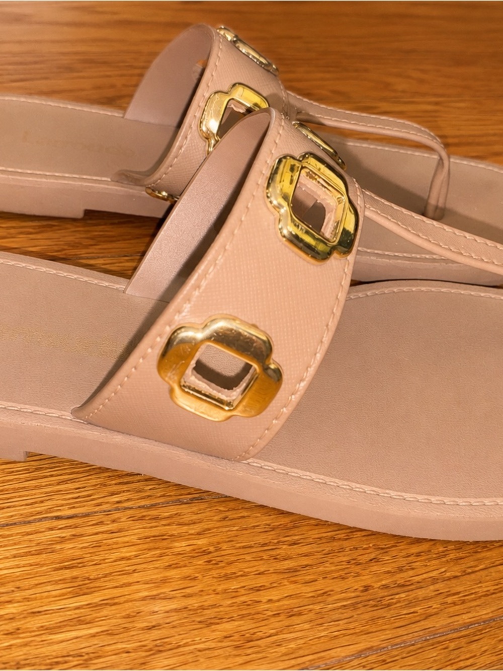 Larroude Nude Thong Flat Sandals Gold Hardware Rubber Style Size 37 US 6/7 - Picture 2 of 6